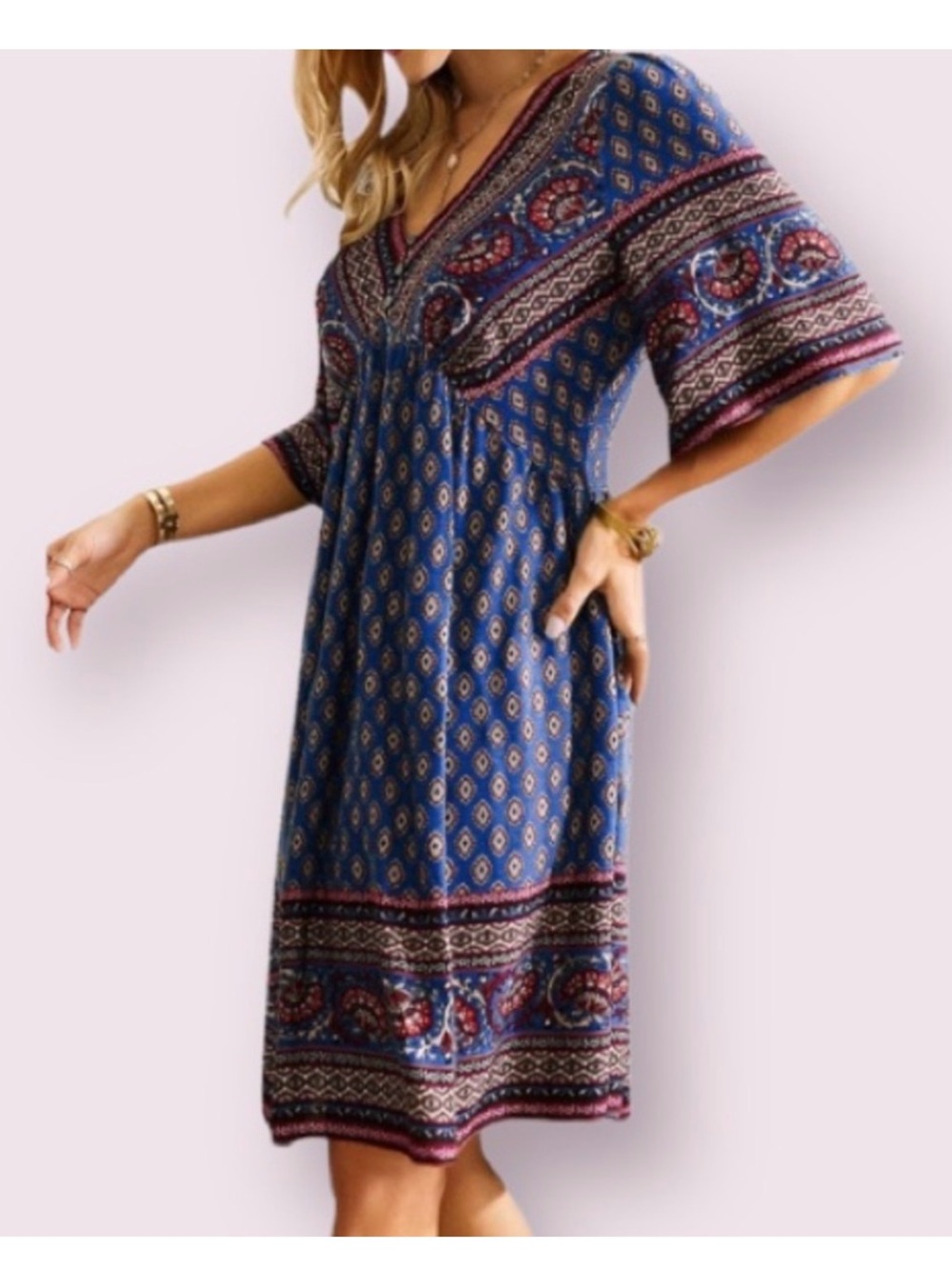 Printed Blue V-Neck Midi Dress with Empire Waist